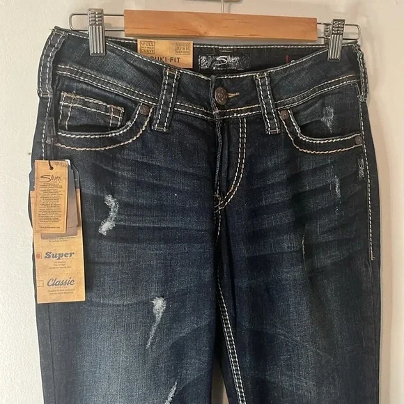 NWT Silver Jeans Co Suki Mid Rise Boot Cut Stretch Sequin Distressed Denim Sz 28 - Picture 2 of 14